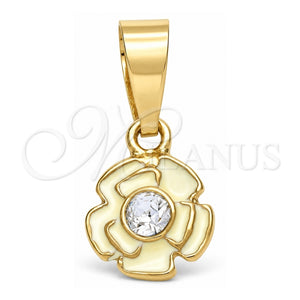 Dije Elegante 05.163.0073 Oro Laminado, Diseño de Flor, con Cristal Blanca, Esmaltado Blanco, Tono Dorado