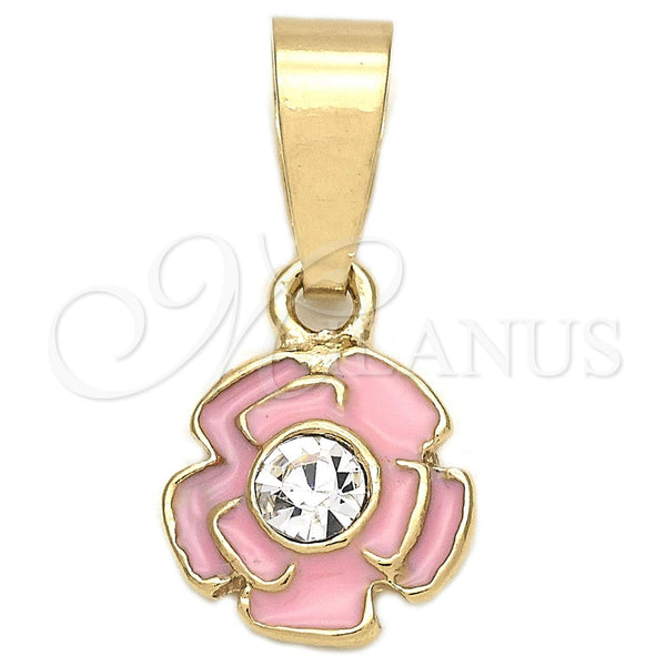 Dije Elegante 05.163.0073.1 Oro Laminado, Diseño de Flor, con Blanca Cristal, Esmaltado Rosado, Tono Dorado