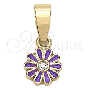 Dije Elegante 05.163.0074.4 Oro Laminado, Diseño de Flor, con Blanca Cristal, Esmaltado Violeta, Tono Dorado