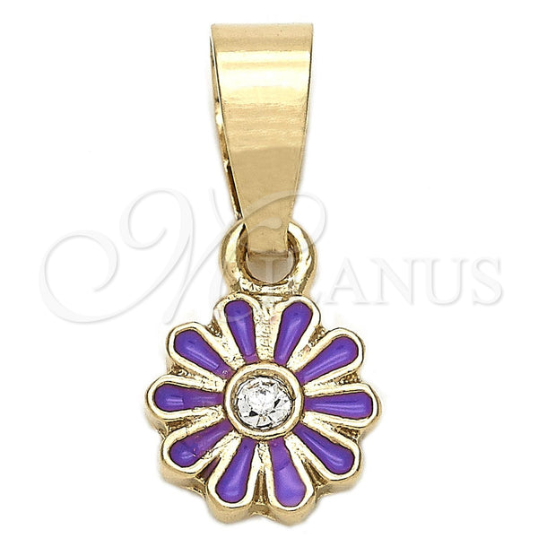 Dije Elegante 05.163.0074.4 Oro Laminado, Diseño de Flor, con Blanca Cristal, Esmaltado Violeta, Tono Dorado