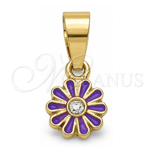 Dije Elegante 05.163.0074.4 Oro Laminado, Diseño de Flor, con Cristal Blanca, Esmaltado Violeta, Tono Dorado