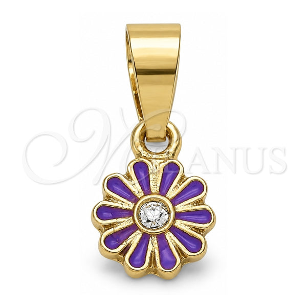 Dije Elegante 05.163.0074.4 Oro Laminado, Diseño de Flor, con Cristal Blanca, Esmaltado Violeta, Tono Dorado