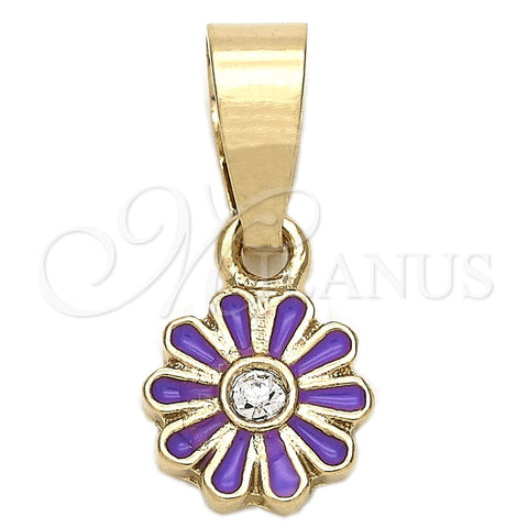 Dije Elegante 05.163.0074.4 Oro Laminado, Diseño de Flor, con Blanca Cristal, Esmaltado Violeta, Tono Dorado