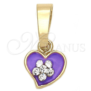 Dije Elegante 05.163.0081 Oro Laminado, Diseño de Corazón y Flor, con Blanca Cristal, Esmaltado Violeta, Tono Dorado