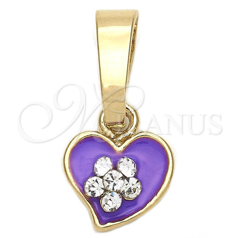 Dije Elegante 05.163.0081 Oro Laminado, Diseño de Corazón y Flor, con Blanca Cristal, Esmaltado Violeta, Tono Dorado