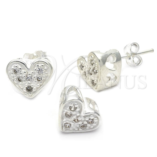 Juego de Arete y Dije de Adulto 10.166.0017 Plata Rodinada, Diseño de Corazón, con Blanca Zirconia Cubica, Pulido, Tono Plateado