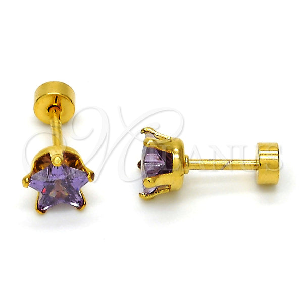 Arete Dormilona 02.271.0006 Acero Inoxidable, Diseño de Estrella, con Amatista Zirconia Cubica, Pulido, Tono Dorado