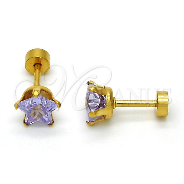 Arete Dormilona 02.271.0006.9 Acero Inoxidable, Diseño de Estrella, con Lavender Zirconia Cubica, Pulido, Tono Dorado