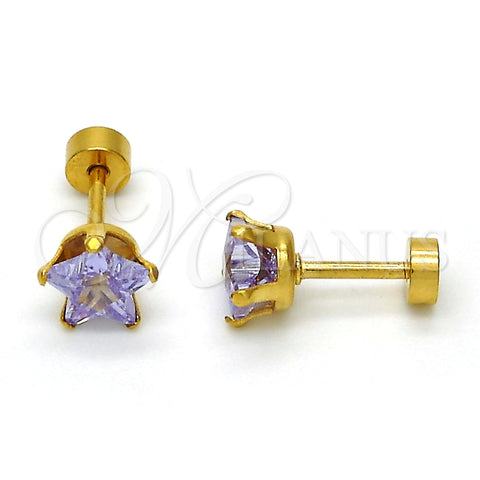 Arete Dormilona 02.271.0006.9 Acero Inoxidable, Diseño de Estrella, con Lavender Zirconia Cubica, Pulido, Tono Dorado