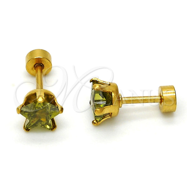 Arete Dormilona 02.271.0006.10 Acero Inoxidable, Diseño de Estrella, con Peridoto Oscuro Zirconia Cubica, Pulido, Tono Dorado
