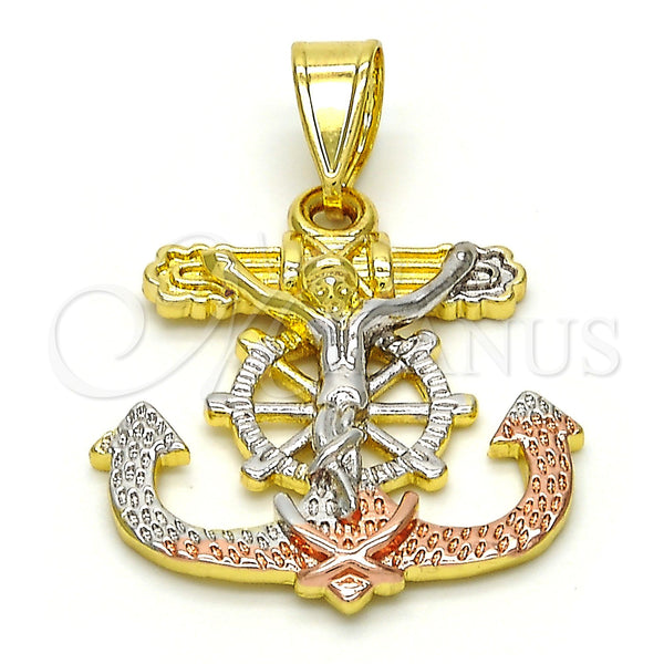 Dije Religioso 05.253.0003 Oro Laminado, Diseño de Crucifijo y Ancla, Pulido, Tres Tonos