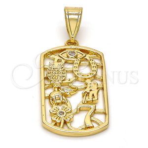 Dije Religioso 05.253.0006 Oro Laminado, Diseño de Búho y Niñito Pequeño, con Blanca Zirconia Cubica, Pulido, Tono Dorado