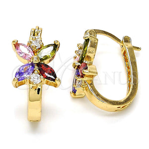 Argolla Pequeña 02.210.0034.1.15 Oro Laminado, Diseño de Flor, con Multicolor Zirconia Cubica, Pulido, Tono Dorado