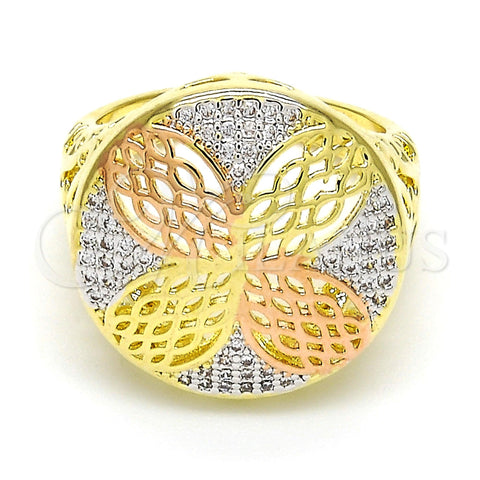 Anillo Multi Piedra 01.26.0004.09 Oro Laminado, Diseño de Flor, con Blanca Micro Pave, Pulido, Tres Tonos (Size 9)