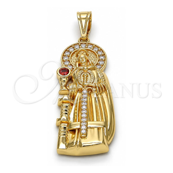 Dije Religioso 05.120.0060 Oro Laminado, Diseño de Santa Barbara, con Zirconia Cubica Granate y Blanca, Pulido, Tono Dorado