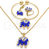 Collar, Pulsera y Dije 06.63.0182.5.GT Oro Laminado, Diseño de Elefante, con Cristal Blanca, Esmaltado Azul, Tono Dorado