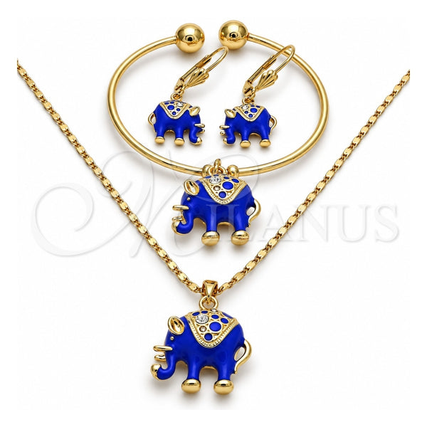 Collar, Pulsera y Dije 06.63.0182.5.GT Oro Laminado, Diseño de Elefante, con Cristal Blanca, Esmaltado Azul, Tono Dorado