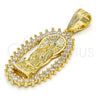 Dije Religioso 05.120.0062 Oro Laminado, Diseño de Guadalupe, con Blanca Zirconia Cubica, Pulido, Tono Dorado