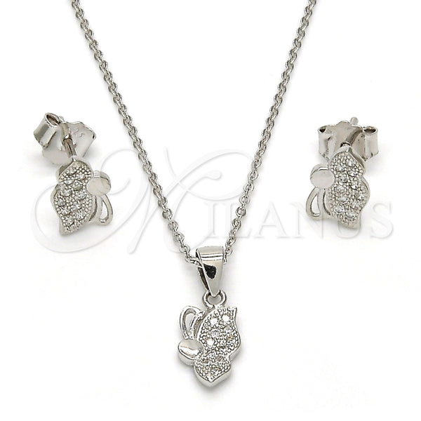 Juego de Arete y Dije de Adulto 10.174.0191 Plata Rodinada, Diseño de Mariposa, con Micro Pave Blanca, Pulido, Rodinado