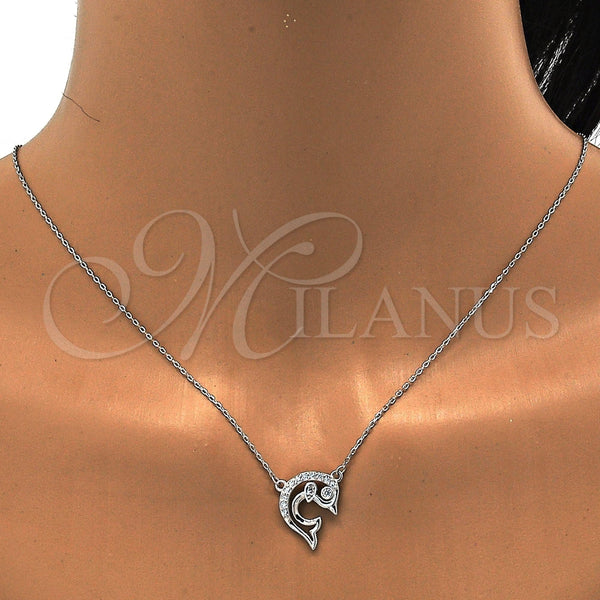 Juego de Arete y Dije de Adulto 10.186.0012 Plata Rodinada, Diseño de Delfín, con Zirconia Cubica Blanca, Pulido, Rodinado