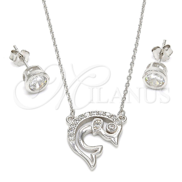 Juego de Arete y Dije de Adulto 10.186.0012 Plata Rodinada, Diseño de Delfín, con Zirconia Cubica Blanca, Pulido, Rodinado