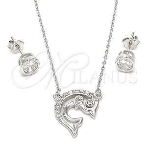 Juego de Arete y Dije de Adulto 10.186.0012 Plata Rodinada, Diseño de Delfín, con Zirconia Cubica Blanca, Pulido, Rodinado