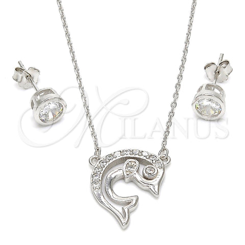 Juego de Arete y Dije de Adulto 10.186.0012 Plata Rodinada, Diseño de Delfín, con Zirconia Cubica Blanca, Pulido, Rodinado