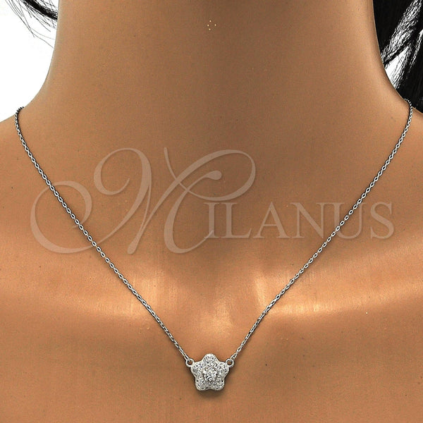 Juego de Arete y Dije de Adulto 10.186.0013 Plata Rodinada, Diseño de Flor, con Micro Pave Blanca y Zirconia Cubica Blanca, Pulido, Rodinado