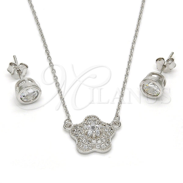 Juego de Arete y Dije de Adulto 10.186.0013 Plata Rodinada, Diseño de Flor, con Micro Pave Blanca y Zirconia Cubica Blanca, Pulido, Rodinado