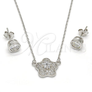 Juego de Arete y Dije de Adulto 10.186.0013 Plata Rodinada, Diseño de Flor, con Micro Pave Blanca y Zirconia Cubica Blanca, Pulido, Rodinado