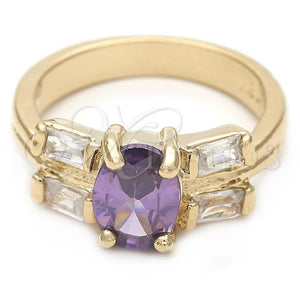 Anillo Elegante 5.166.008.1.06 Oro Laminado, Diseño de Baguette, con Amatista and Blanca Zirconia Cubica, Pulido, Tono Dorado (Size 6)
