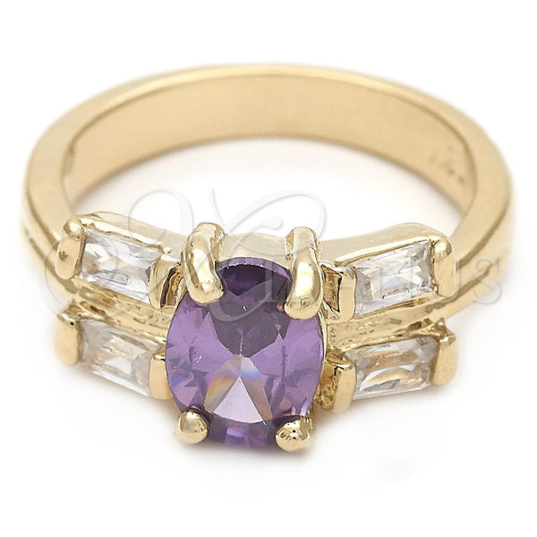 Anillo Elegante 5.166.008.1.06 Oro Laminado, Diseño de Baguette, con Amatista and Blanca Zirconia Cubica, Pulido, Tono Dorado (Size 6)