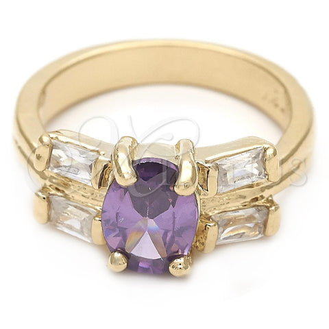 Anillo Elegante 5.166.008.1.06 Oro Laminado, Diseño de Baguette, con Amatista and Blanca Zirconia Cubica, Pulido, Tono Dorado (Size 6)