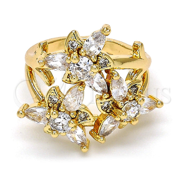 Anillo Multi Piedra 01.210.0016.09 Oro Laminado, Diseño de Flor, con Blanca Zirconia Cubica, Pulido, Tono Dorado (Size 9)