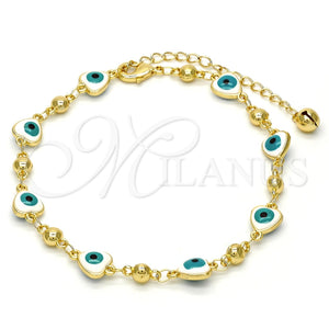 Tobillera Elegante 03.213.0037.10.GT Tono Dorado, Diseño de Ojo Griego y Corazón, Esmaltado Blanco, Tono Dorado (08 MM Thickness, 10 Inches Length)