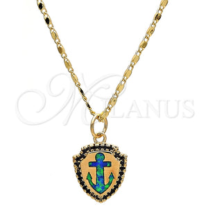 Collares con Dije 04.63.1326.2.18 Oro Laminado, Diseño de Ancla, con Verde Opal and Blanca Micro Pave, Pulido, Tono Dorado (18 Inches Length)