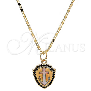 Collares con Dije 04.63.1326.3.18 Oro Laminado, Diseño de Ancla, con Blanca Opal and Negro Micro Pave, Pulido, Tono Dorado (18 Inches Length)
