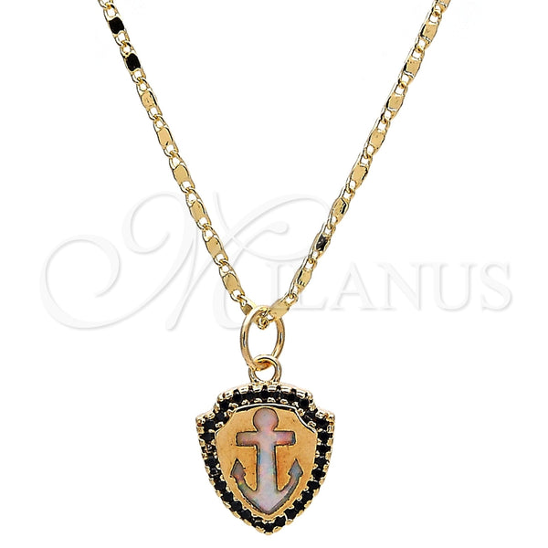 Collares con Dije 04.63.1326.3.18 Oro Laminado, Diseño de Ancla, con Blanca Opal and Negro Micro Pave, Pulido, Tono Dorado (18 Inches Length)