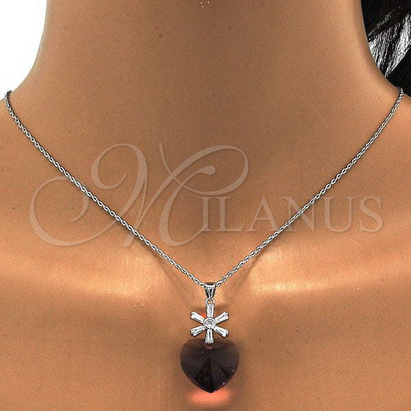 Collares con Dije 04.239.0019.1.16 Rodio Laminado, Diseño de Corazón y Flor, con Swarovski Elements Amethyst y Zirconia Cubica Blanca, Pulido, Rodinado (Grosor 01 MM, 16 Pulgadas de Largo)