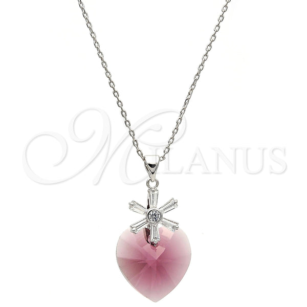 Collares con Dije 04.239.0019.1.16 Rodio Laminado, Diseño de Corazón y Flor, con Swarovski Elements Amethyst y Zirconia Cubica Blanca, Pulido, Rodinado (Grosor 01 MM, 16 Pulgadas de Largo)