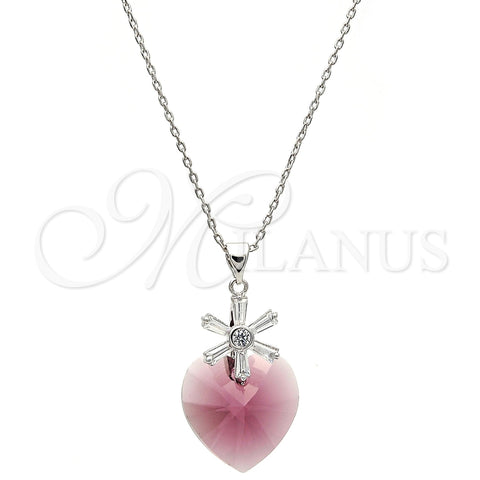 Collares con Dije 04.239.0019.1.16 Rodio Laminado, Diseño de Corazón y Flor, con Swarovski Elements Amethyst y Zirconia Cubica Blanca, Pulido, Rodinado (Grosor 01 MM, 16 Pulgadas de Largo)