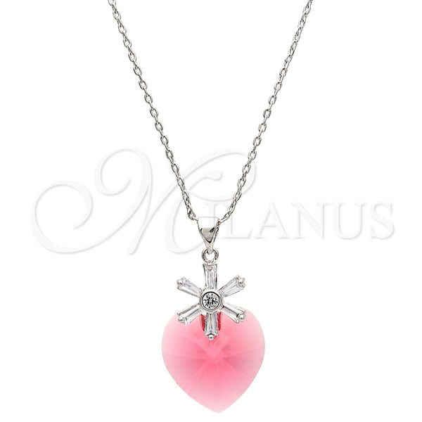 Collares con Dije 04.239.0019.3.16 Rodio Laminado, Diseño de Corazón y Flor, con Swarovski Elements Padparadscha y Zirconia Cubica Blanca, Pulido, Rodinado (Grosor 01 MM, 16 Pulgadas de Largo)