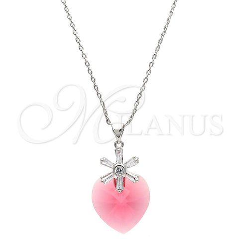 Collares con Dije 04.239.0019.3.16 Rodio Laminado, Diseño de Corazón y Flor, con Swarovski Elements Padparadscha y Zirconia Cubica Blanca, Pulido, Rodinado (Grosor 01 MM, 16 Pulgadas de Largo)