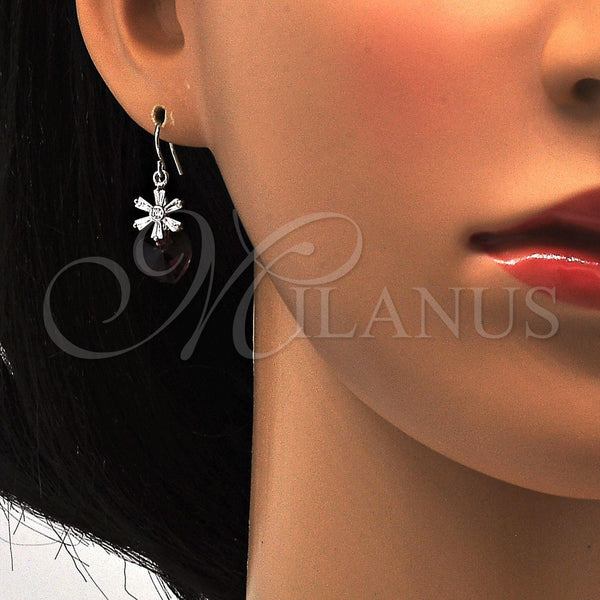 Arete Colgante 02.63.2579.1 Rodio Laminado, Diseño de Corazón y Flor, con Swarovski Elements Amethyst y Micro Pave Blanca, Pulido, Rodinado
