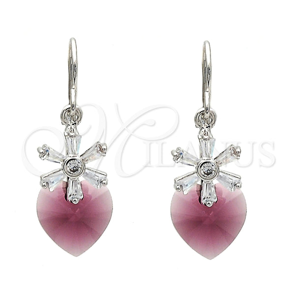 Arete Colgante 02.63.2579.1 Rodio Laminado, Diseño de Corazón y Flor, con Swarovski Elements Amethyst y Micro Pave Blanca, Pulido, Rodinado