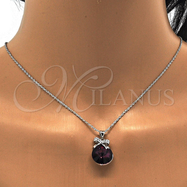 Collares con Dije 04.239.0016.2.16 Rodio Laminado, Diseño de Arco, con Swarovski Elements Amethyst y Micro Pave Blanca, Pulido, Rodinado (Grosor 01 MM, 16 Pulgadas de Largo)