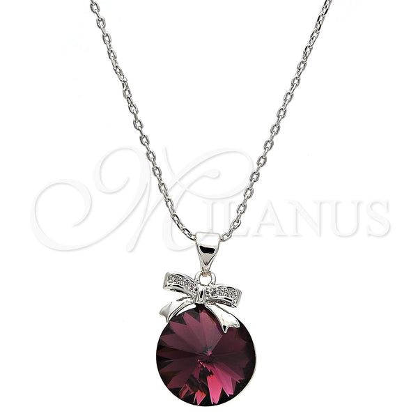 Collares con Dije 04.239.0016.2.16 Rodio Laminado, Diseño de Arco, con Swarovski Elements Amethyst y Micro Pave Blanca, Pulido, Rodinado (Grosor 01 MM, 16 Pulgadas de Largo)