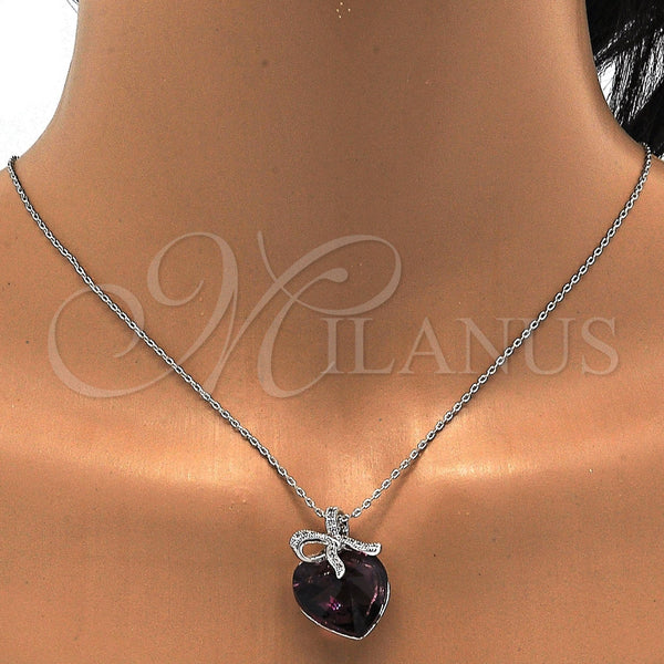Collares con Dije 04.239.0007.1.16 Rodio Laminado, Diseño de Corazón y Arco, con Swarovski Elements Amethyst y Micro Pave Blanca, Pulido, Rodinado (Grosor 01 MM, 16 Pulgadas de Largo)
