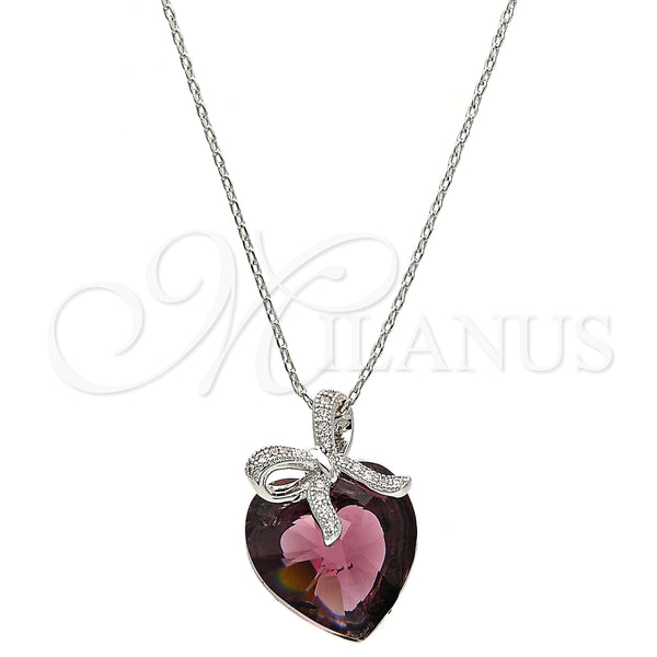 Collares con Dije 04.239.0007.1.16 Rodio Laminado, Diseño de Corazón y Arco, con Swarovski Elements Amethyst y Micro Pave Blanca, Pulido, Rodinado (Grosor 01 MM, 16 Pulgadas de Largo)