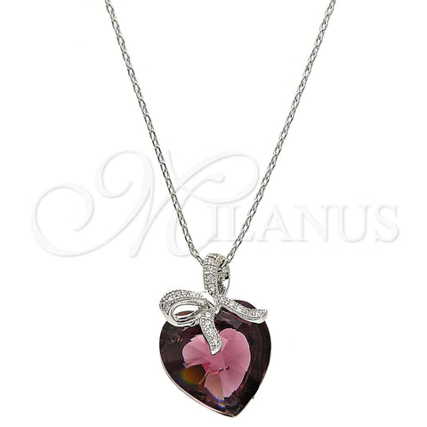 Collares con Dije 04.239.0007.1.16 Rodio Laminado, Diseño de Corazón y Arco, con Swarovski Elements Amethyst y Micro Pave Blanca, Pulido, Rodinado (Grosor 01 MM, 16 Pulgadas de Largo)